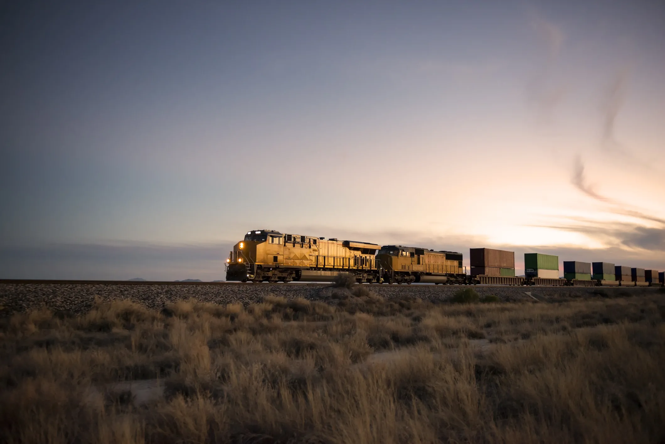 Railroad locomotive at dusk